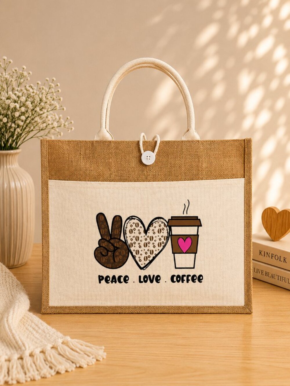 Peace Love Coffee Tote Bag - Jute Tote - Reusable